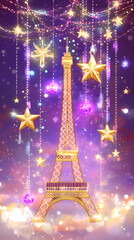 Glowing Eiffel Tower at Dusk, Paris, France - Violet Lights, Starry Sky, Romantic Ambiance