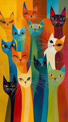 Stylized group of colorful cats with curly whiskers and expressive faces. Perfect for art enthusiasts and cat lovers.