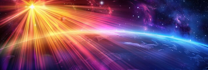 Obraz premium Stunning space sunrise with colorful cosmic rays lighting up the Earth, creating a breathtaking view of our beautiful planet in the vast universe.