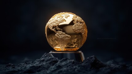A stunning golden globe sculpture representing the world, set against a dark, moody background, symbolizing global unity and ambition.
