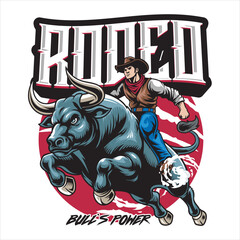 Vector Illustration of Cowboy Riding Bull with Vintage Illustration Available for Tshirt Design