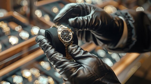 Gloved seller's hand shows exclusive men's watch