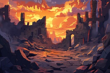 Ruins of a Stone Castle at Sunset