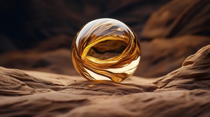 A mesmerizing golden orb rests on textured rock, reflecting light in an interplay of colors and patterns. Perfect for abstract art.
