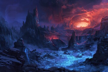 A Fantasy Landscape With a Glowing Red Sky and Blue Stream