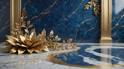 Dark Blue Golden Floral Marble Pattern Background Backdrop Place items golden flower