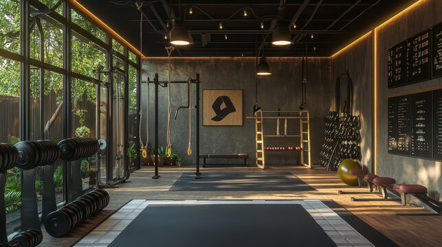 "A well-equipped gym interior features a range of fitness equipment designed for functional training. The space includes ropes, weights, and exercise balls, all arranged for effective workouts