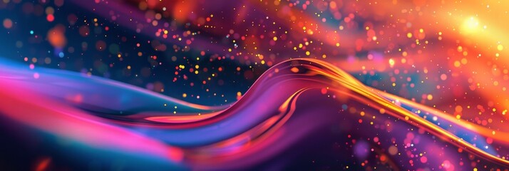 Obraz premium Abstract Wave with Shimmering Lights - An abstract digital artwork featuring a vibrant wave flowing through a cosmic-like background with shimmering lights, symbolizing movement, energy, imagination, 