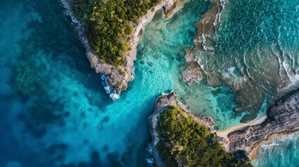Aerial View of Crystal Clear Turquoise Water Separating Two Lush Green Islands - An aerial view of two lush green islands separated by a stretch of crystal clear turquoise water, showcasing a tropical