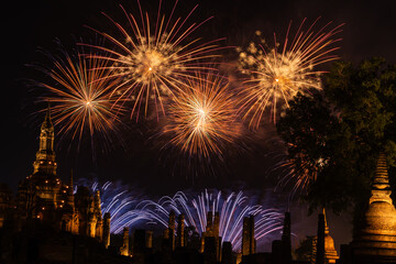 Fireworks at Sukhothai Province in the north of Thailand during the Loy Krathong Light and Candle Burning Festival and New Year