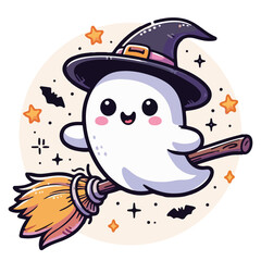 Cute young ghost floating wearing witch hat with Halloween witch broom. Funny spooky boo character. Spook phantom with happy smiling face expression. Flat vector illustration.