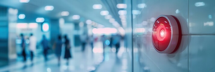 A bright red fire alarm with a light and button mounted on a wall in a bustling shopping mall, ensuring safety for all visitors nearby. Generative AI