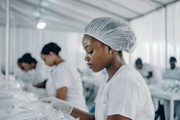 Fototapeta premium A Black Woman in a White Lab Coat Works in a Sterile Environment