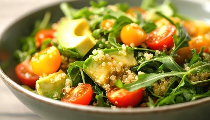 Fresh salad with quinoa, avocado, and cherry tomatoes.