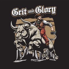 Vector Illustration of Cowboy Riding Bull with Vintage Illustration Available for Tshirt Design