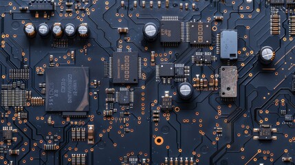 Fototapeta premium Closeup of a Circuit Board with Electronic Components - A detailed view of a circuit board, showcasing its intricate design, microchips, capacitors, and connectors, symbolizing technology, innovation,