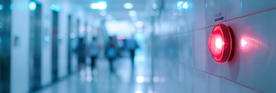 A bright red fire alarm is mounted on a wall as people walk through the busy hallway, emphasizing safety in a public building. Generative AI