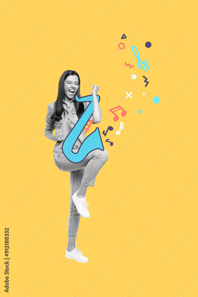 Poster vertical image collage young funky girl saxophone instrument talented player win celebrate success v