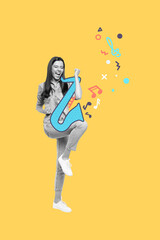 Vertical image collage young funky girl saxophone instrument talented player win celebrate success...