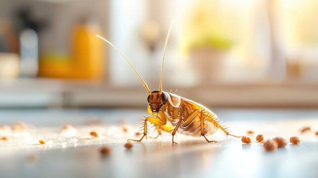 Close-up of a cockroach on a kitchen counter.