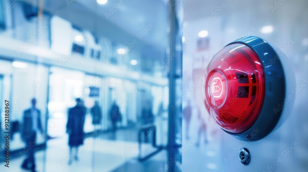 Aufkleber A fire alarm featuring a bright red light and button is mounted on a wall in an office setting with people visible in the background. Generative AI