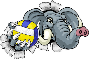 An elephant volleyball animal sports mascot holding a volley ball in his claw