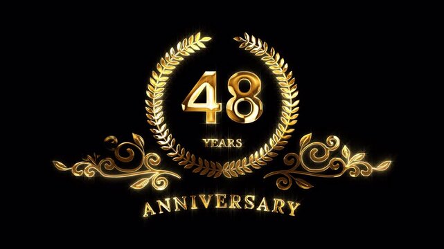 48th Anniversary Celebration. Happy 48 Years Anniversary Animation in Gold Color on the Transparent Background, Alpha Channel. Great for greetings, celebrations, events, and gifts.