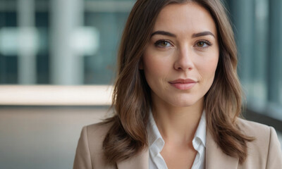Fototapeta premium A confident businesswoman in a beige suit stands with a steady gaze in a bright, modern office hallway with floor-to-ceiling glass windows, embodying professionalism and success.