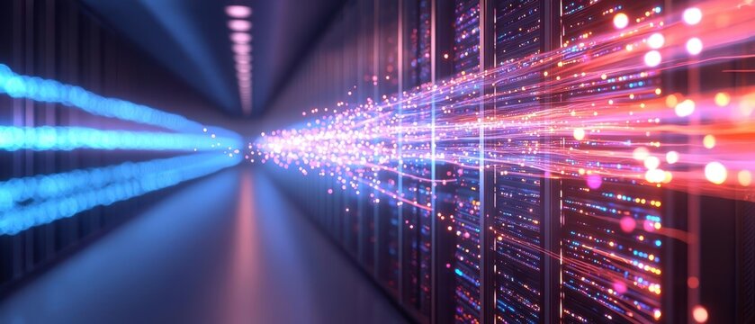 Abstract glowing lines and servers in a data center.