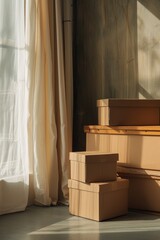 Empty cardboard boxes stacked by window on sunny day. Storage and packing supplies in a room with natural light streaming through.