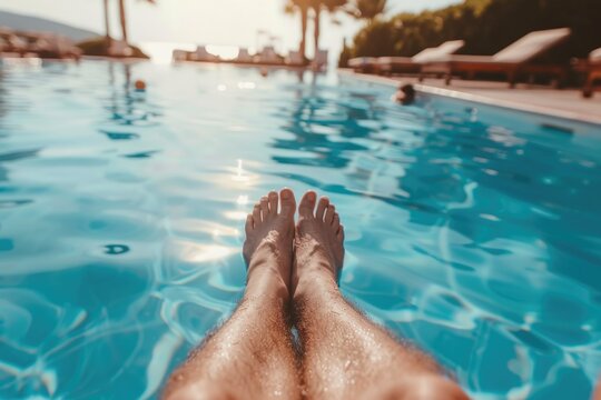 Feet resting in blue pool. Sunny beach vacation setting.