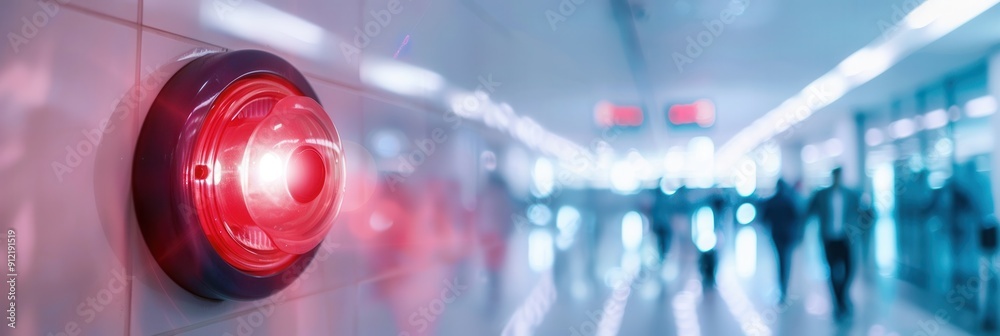 Poster a bright red fire alarm is mounted on a wall, actively alerting a crowded hallway during a potential