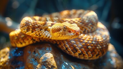 Fototapeta premium Close-up of a Yellow Snake Coiled on a Rock