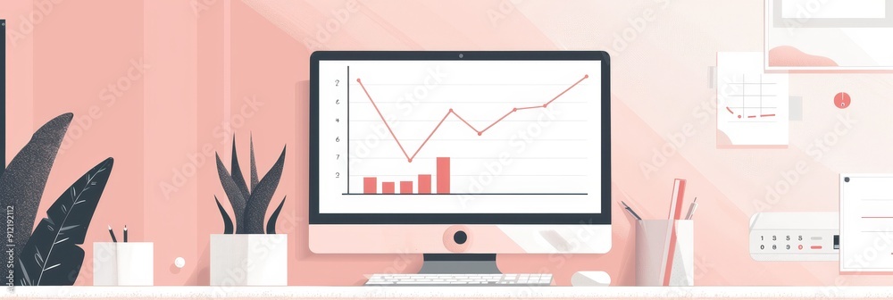 Poster desktop computer showing upward trend line graph - business success and growth - a minimalist worksp