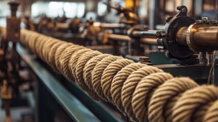 "Textile coils and rope displayed in a textile machine environment. The scene highlights the machinery used in textile production, with various coils of fabric and ropes involved in the manufacturing 