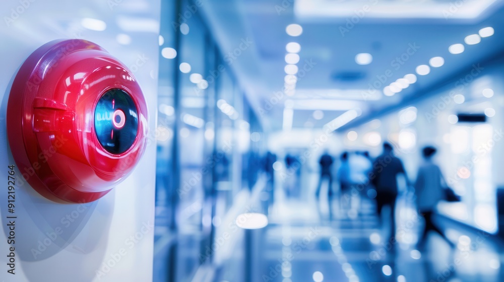 Poster A bright red fire alarm with a glowing light and button is mounted on the wall in a busy corridor filled with people. Generative AI