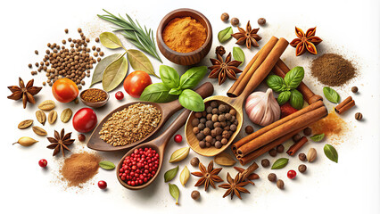 A vibrant collection of spices, herbs, and colorful vegetables carefully arranged on a surface, showcasing culinary ingredients ready for cooking