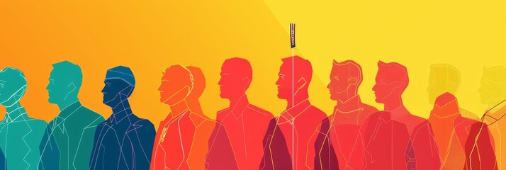 Fototapeta premium Diversity in Leadership: A Colorful Representation of Teamwork - A vibrant illustration depicting a line of diverse individuals, representing a team united by a common goal. Each person is represente