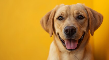  A cheerful golden labrador smiles broadly, its shiny coat and joyful demeanor brightening the plain yellow background.