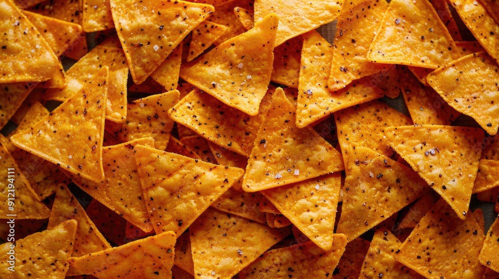 Wall mural delicious and crunchy nacho chips, close up view showing texture and spices on top.