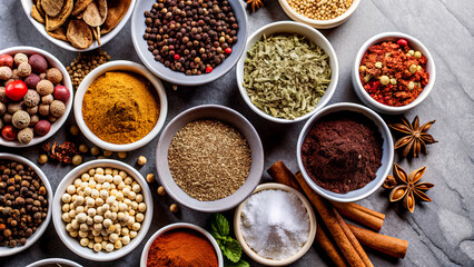 Various bowls filled with spices and herbs arranged neatly on a gray countertop, showcasing diverse colors and textures for culinary enthusiasts