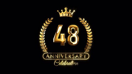 48th Anniversary Celebration. Happy 48 Years Anniversary Animation in Gold Color on the Transparent Background, Alpha Channel. Great for greetings, celebrations, events, and gifts.