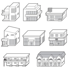 様々な建物の立体ベクターイラスト. 線画.