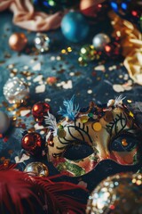 Naklejka premium Colorful mascarade masks with sequins and beads over a festive table setting