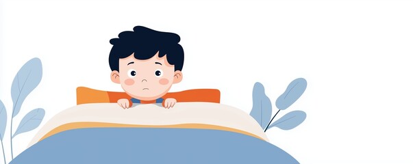 Fearful boy looking under bed, spooky atmosphere, flat design illustration