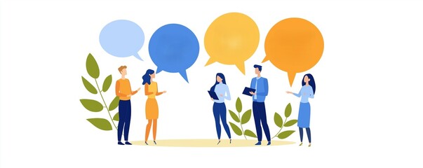 Naklejka premium Group of people discussing opinions, speech bubbles filled with text, flat design illustration