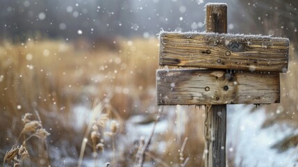 Naklejka premium Wooden Signpost in a Snowy Field