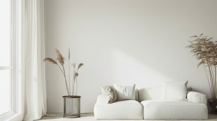 Minimalist living room with modern design elements, featuring a white couch and contemporary furnishings.