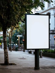 An empty advertisement display panel on the sidewalk.