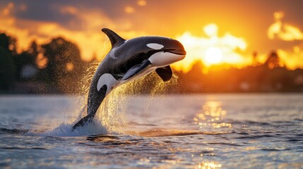 Fototapeta premium An orca leaps majestically against a stunning sunset, splashing water droplets that catch the last golden rays of the day.